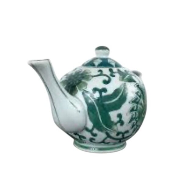 Vintage Porcelain Teapot With Floral Green & White Pattern Elegant Curved Handle - Picture 7 of 13